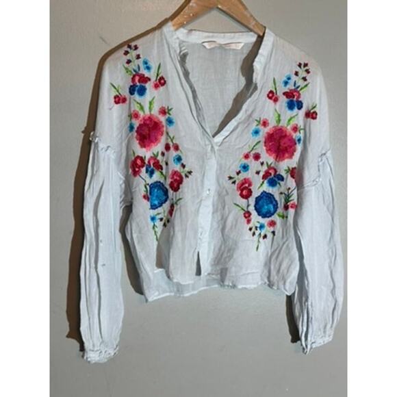 Zara Tops - Zara Blue Embroidered Peasant Blouse Size S
